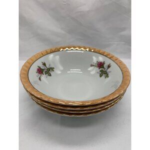 Set of 4 Vtg Yamatsu 7" Bowl Gold Lusterware Scallop Edge Roses